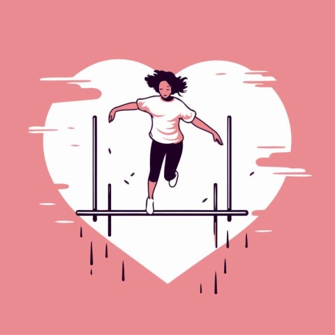 Vector illustration of a girl jumping over a hurdle in heart sha