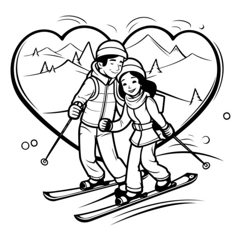 Skiing Couple - Black and White Cartoon Illustration. Vector