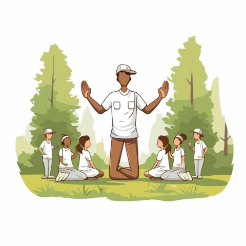 group of people practicing yoga in the park cartoon vector illus