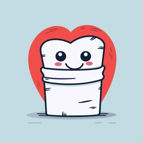 Cute happy cartoon tooth with a big heart. Vector illustration.