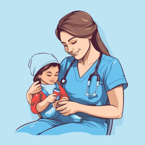 Vector illustration of a female doctor with a child in her arms.