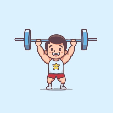 Cartoon strong man lifting barbell. Vector illustration in carto