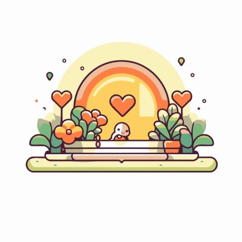 Love coin icon with hearts and flowers. Vector illustration in f