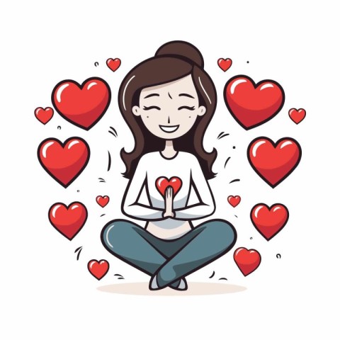 Girl meditating in lotus position with red hearts around. Vector