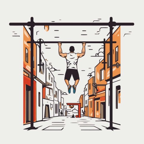 Man doing pull-ups on the street. Vector illustration in vintage