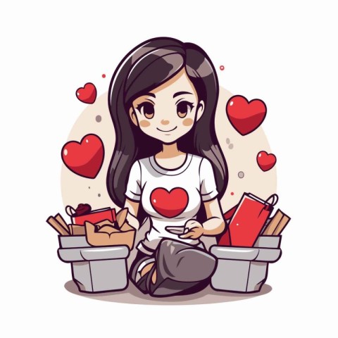 Cute cartoon girl sitting on the floor and holding a red heart