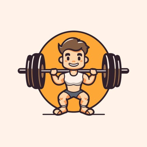 Fitness boy lifting a barbell. Vector illustration in cartoon st