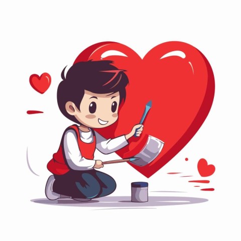 Boy painting heart with paintbrush. Vector illustration in carto