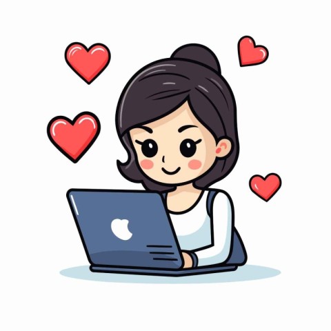 Lovely Girl Using Laptop - Cute Cartoon Vector Illustration