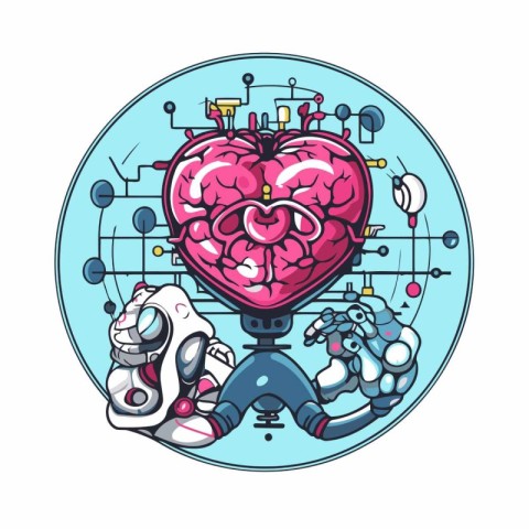 Robot and human brain on a microscope. Vector cartoon illustrati