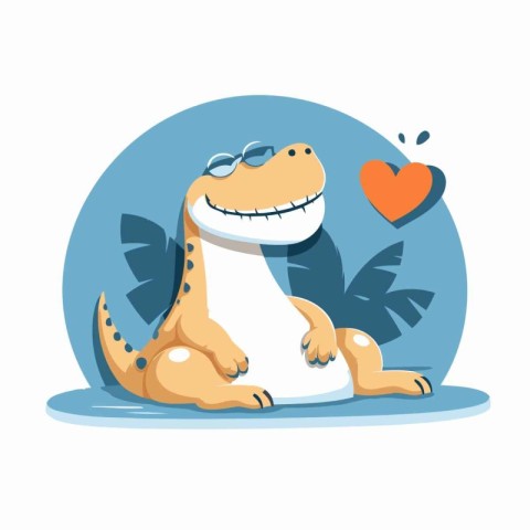 Cute dinosaur sitting on the ground with a heart. Vector illustr