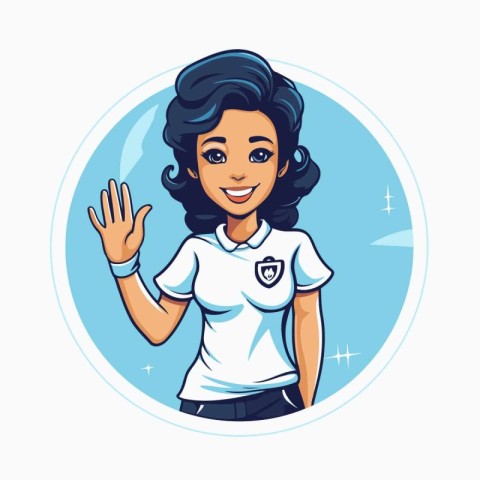 Woman soccer player in sportswear waving hand cartoon round icon