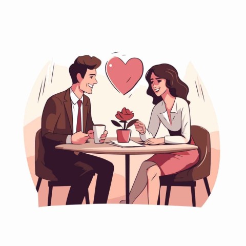 Couple in love sitting at a table and drinking coffee. Vector il