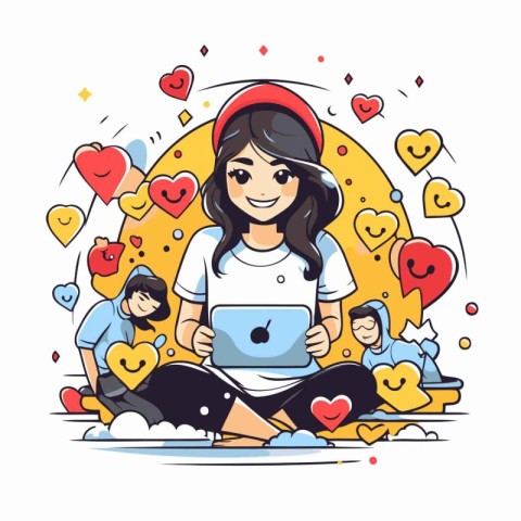 Lovely young woman using a laptop. Vector illustration in cartoo