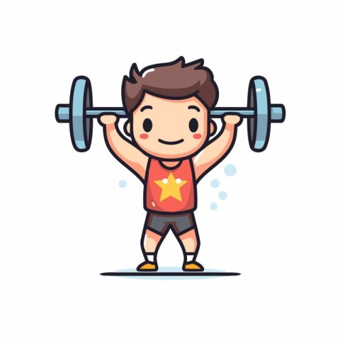 Cartoon little boy lifting barbell. Vector character illustratio