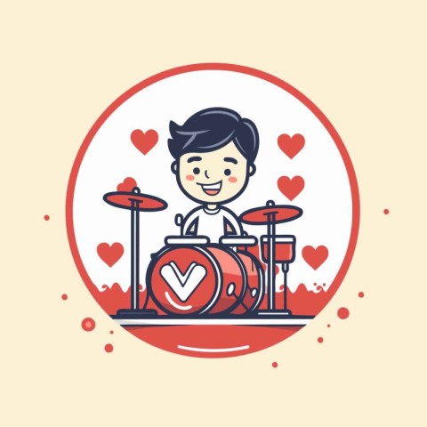 Cute boy playing drums. Vector illustration in thin line style.