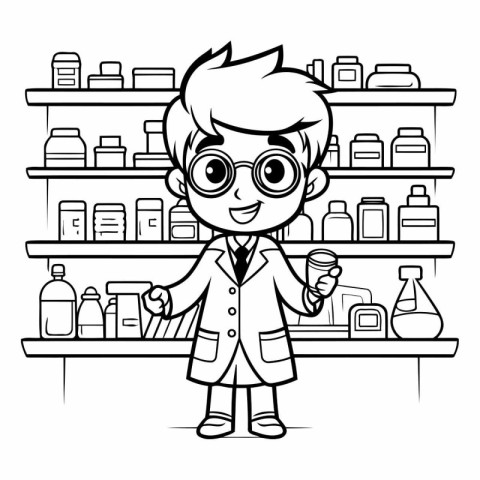 Cartoon scientist in lab coat and glasses standing at the pharma