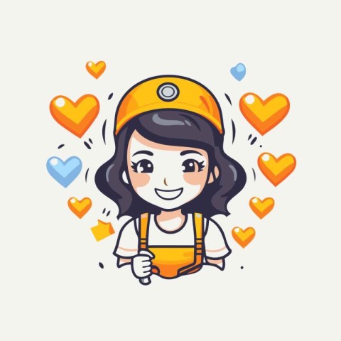 Cute girl in helmet and overalls with hearts around. Vector illu