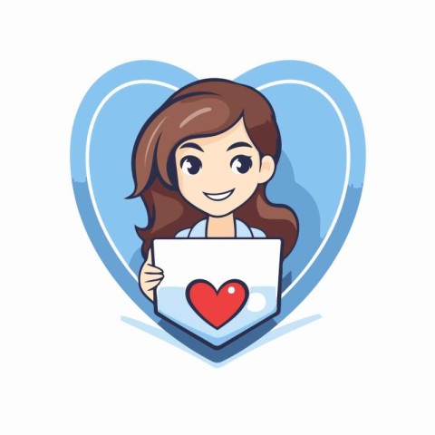 Vector illustration of a young woman holding a card in the shape