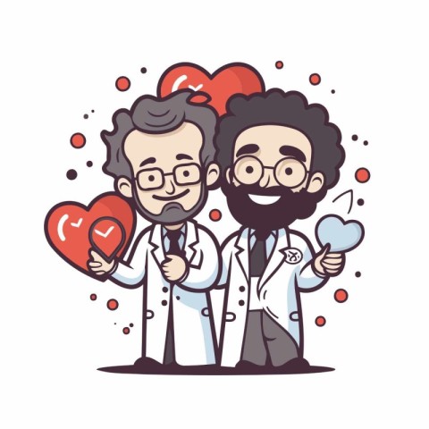 Cartoon doctor with beard and mustache in white coat holding red