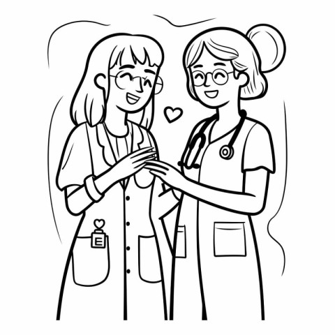 Black and White Cartoon Illustration of Doctor and Nurse for Col