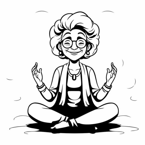 Black and White Cartoon Illustration of Yoga Woman Meditating on