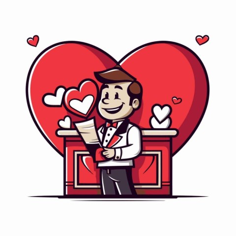 Cute cartoon groom in love with big red heart. Vector illustrati