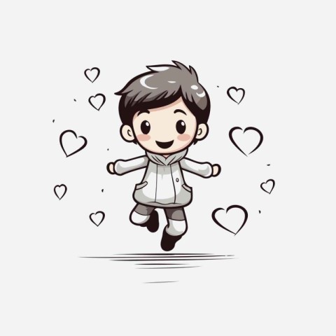 Cute boy running with hearts around him. Vector cartoon illustra