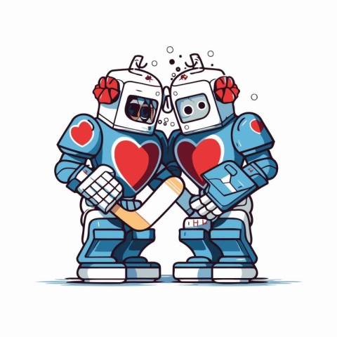 Robot couple in love. Vector illustration in cartoon comic style