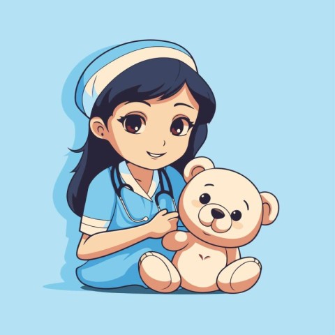 cute little girl with teddy bear and stethoscope vector illustra