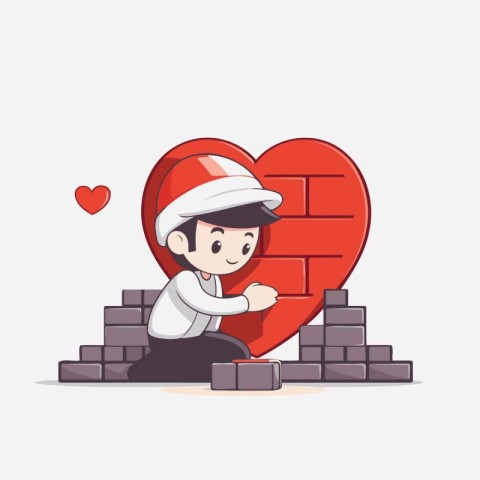 Man with heart and brick wall. Valentine's day concept. Vector i