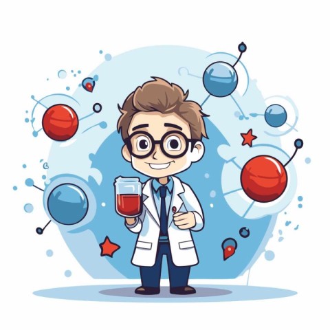 Scientist boy cartoon character with science icon set. Vector il