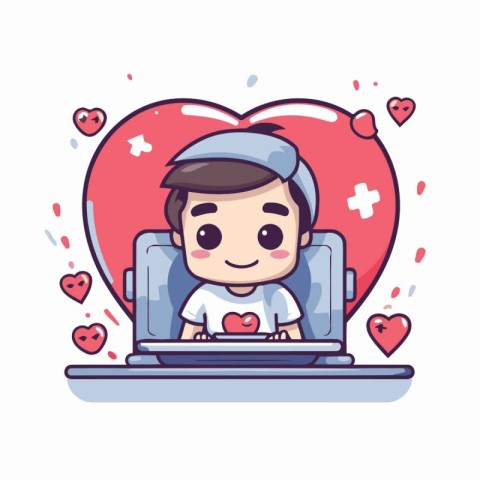 Cute boy with laptop and heart icon. Vector flat cartoon illustr