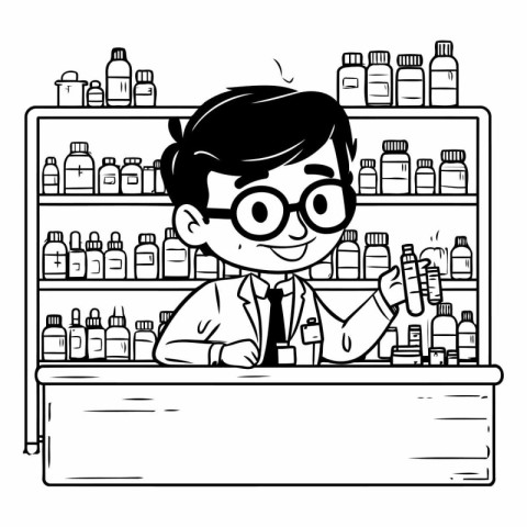 Black and white cartoon of a pharmacist in a drugstore.