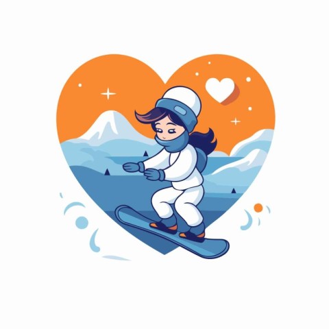 Vector illustration of a girl skiing in the mountains in the hea