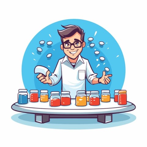 Scientist with chemical test tubes. Vector illustration in carto