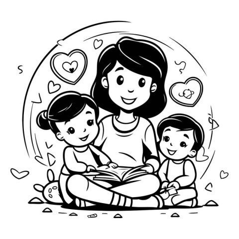 Mother and children reading a book. Black and white vector illus