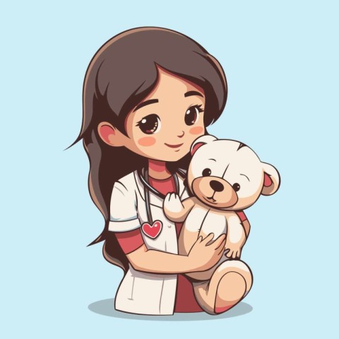 Vector illustration of a cute girl holding a teddy bear in her a