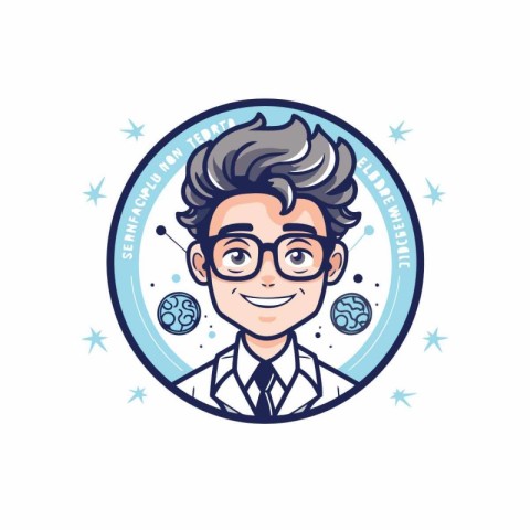 Scientist man in glasses and lab coat. Vector linear illustratio