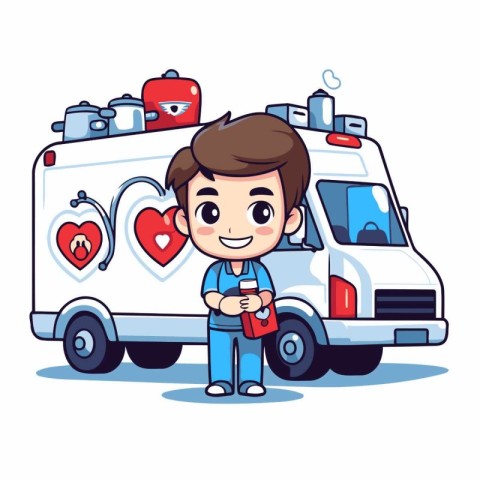 Ambulance and cute little boy. Vector cartoon character illustra