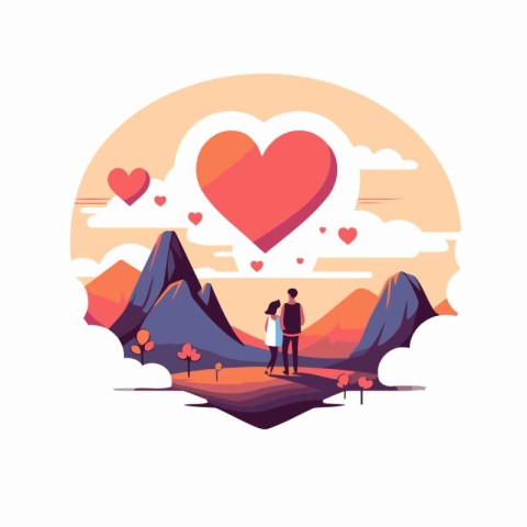 Lovely couple in the mountains with a red heart. Vector illustra