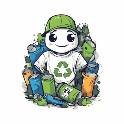 Vector illustration of cartoon character with recycling sign. Re