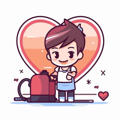 Boy with coffee pot and heart. Cute cartoon vector illustration.