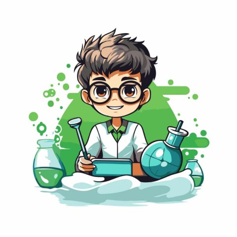 Scientist boy with science equipment. Vector illustration isolat