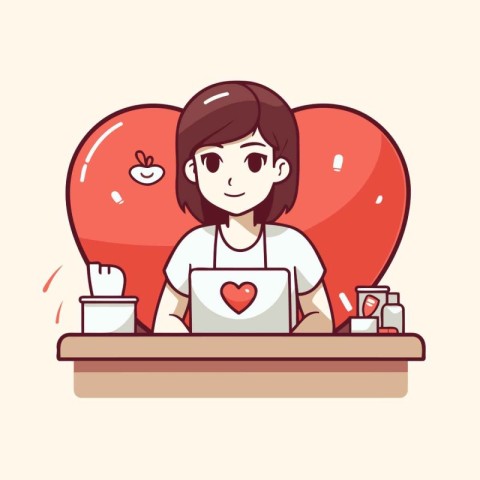 Woman working on laptop in cafe. Vector illustration in cartoon