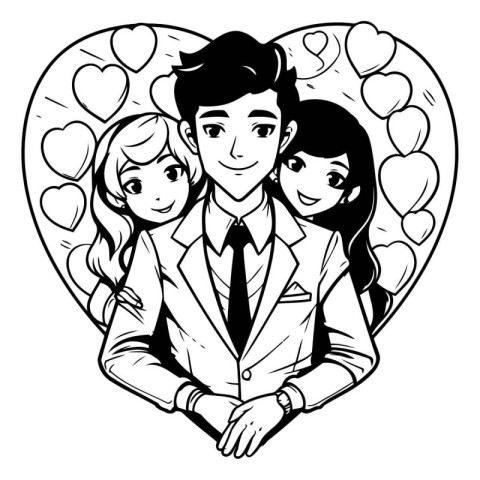 Vector illustration of a man and two women in love holding hands