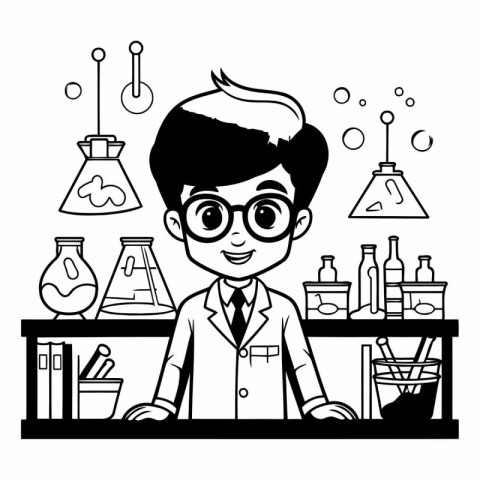 Scientist boy cartoon in the laboratory black and white vector i