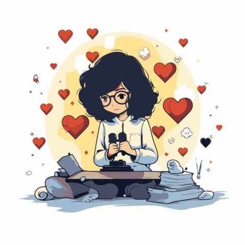 Vector illustration of a girl with glasses playing the old typew