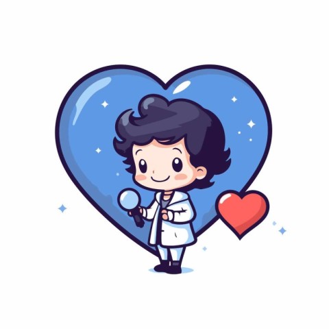 Cute boy doctor holding a magnifying glass and heart shape vecto