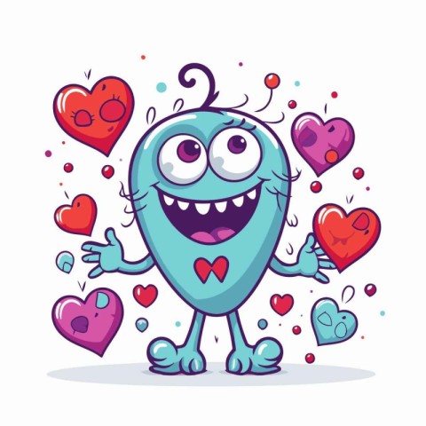 Funny cartoon monster with hearts on white background. Vector il